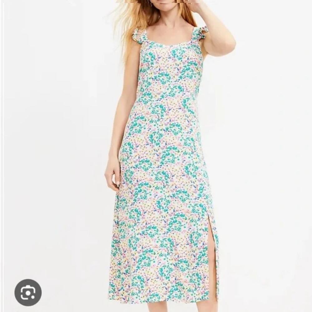 NWOT LOFT Ruffle Strap Midi Dress Green Pink Floral Summer Boho Silk Size 6